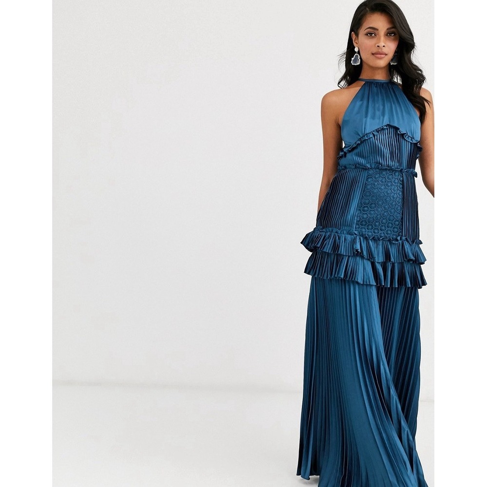 True Decadence Pleated Plisse Tiered Navy Maxi Dress HS1271 US 2 UK 6 - Picture 2 of 9